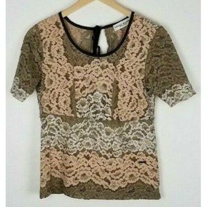 Margit Brandt Copenhagen Sz. S Floral Crochet Color Block Short Sleeve Blouse